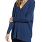 Suéter feminino Anne Klein com decote em V canelado, azul escuro, tamanho 2, extra grande