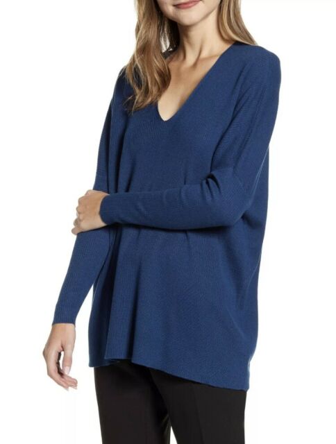 Suéter feminino Anne Klein com decote em V canelado, azul escuro, tamanho 2, extra grande
