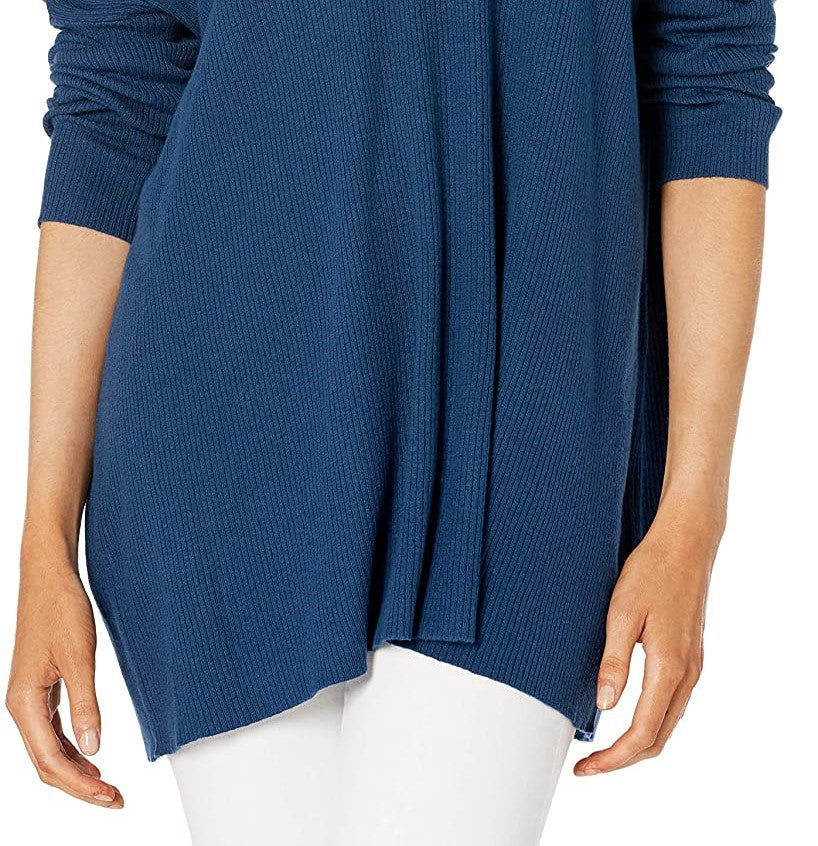 Suéter feminino Anne Klein com decote em V canelado, azul escuro, tamanho 2, extra grande