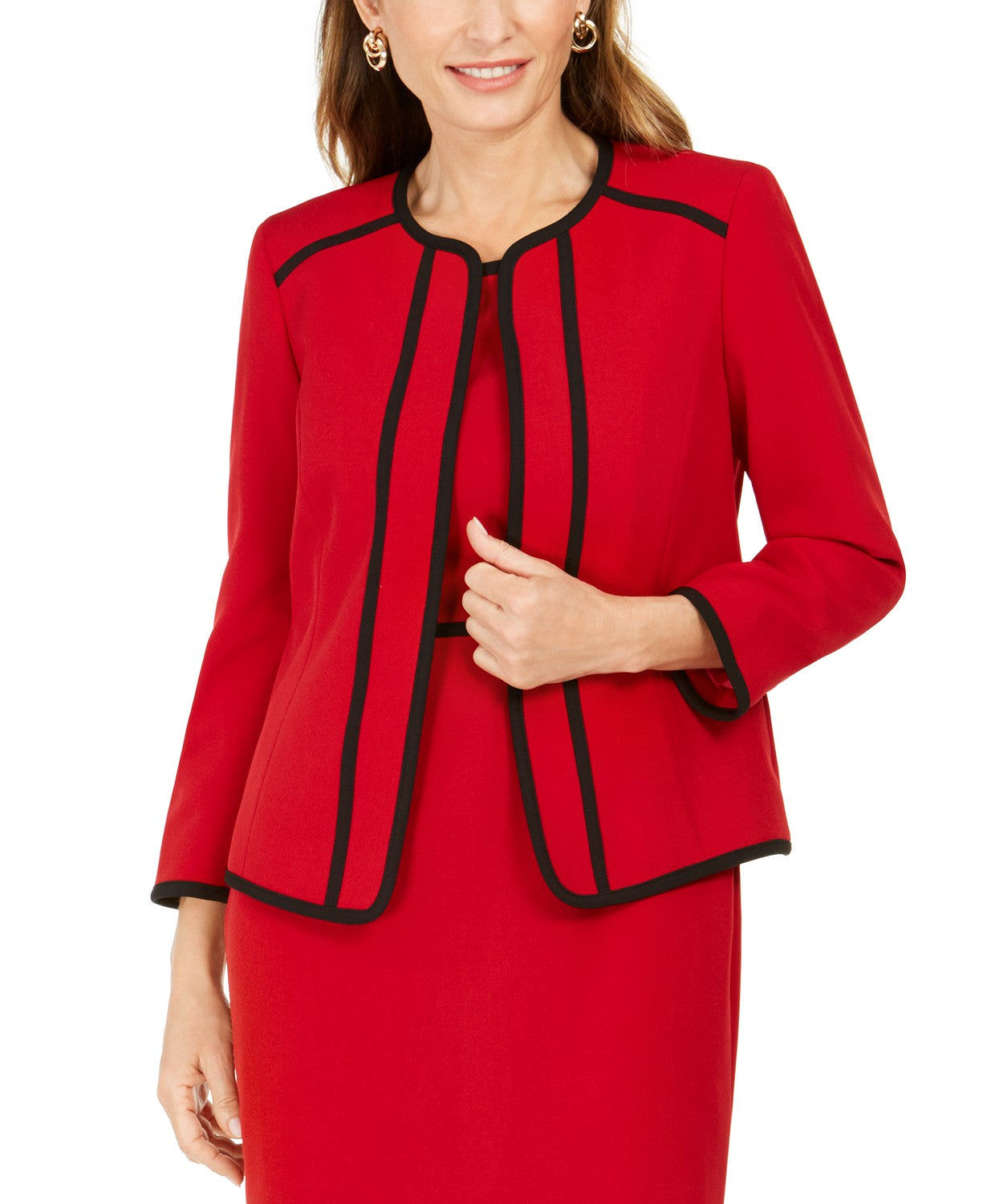 Blazer feminino Kasper Petite Piping-Trim sem gola, vermelho, tamanho 12 P