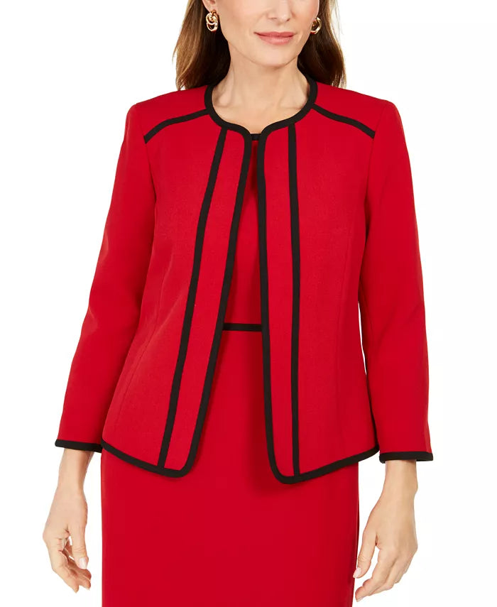 Blazer feminino Kasper Petite Piping-Trim sem gola, vermelho, tamanho 12 P