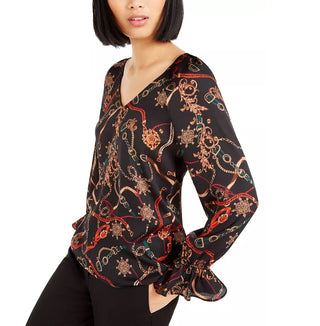 Blusa feminina Bar III com estampa decote em V, cor carvão, tamanho extrapequeno