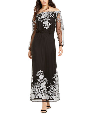 INC International Concepts Women's Embroidered Off-The-Shoulder Maxi Dress  Black Size 10