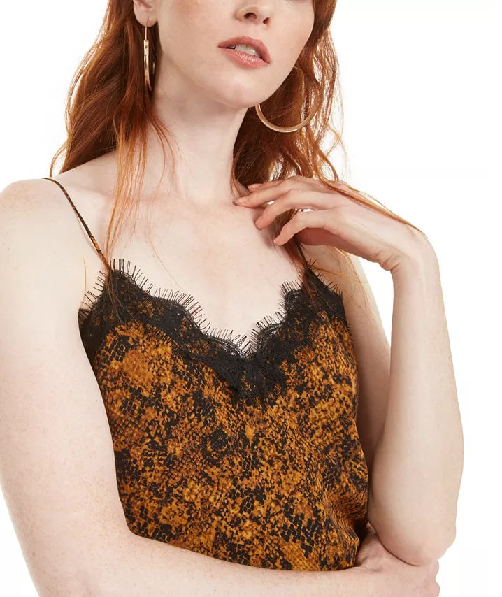 Top feminino Bar III com estampa de cobra e acabamento em renda, tamanho médio, amarelo, pequeno