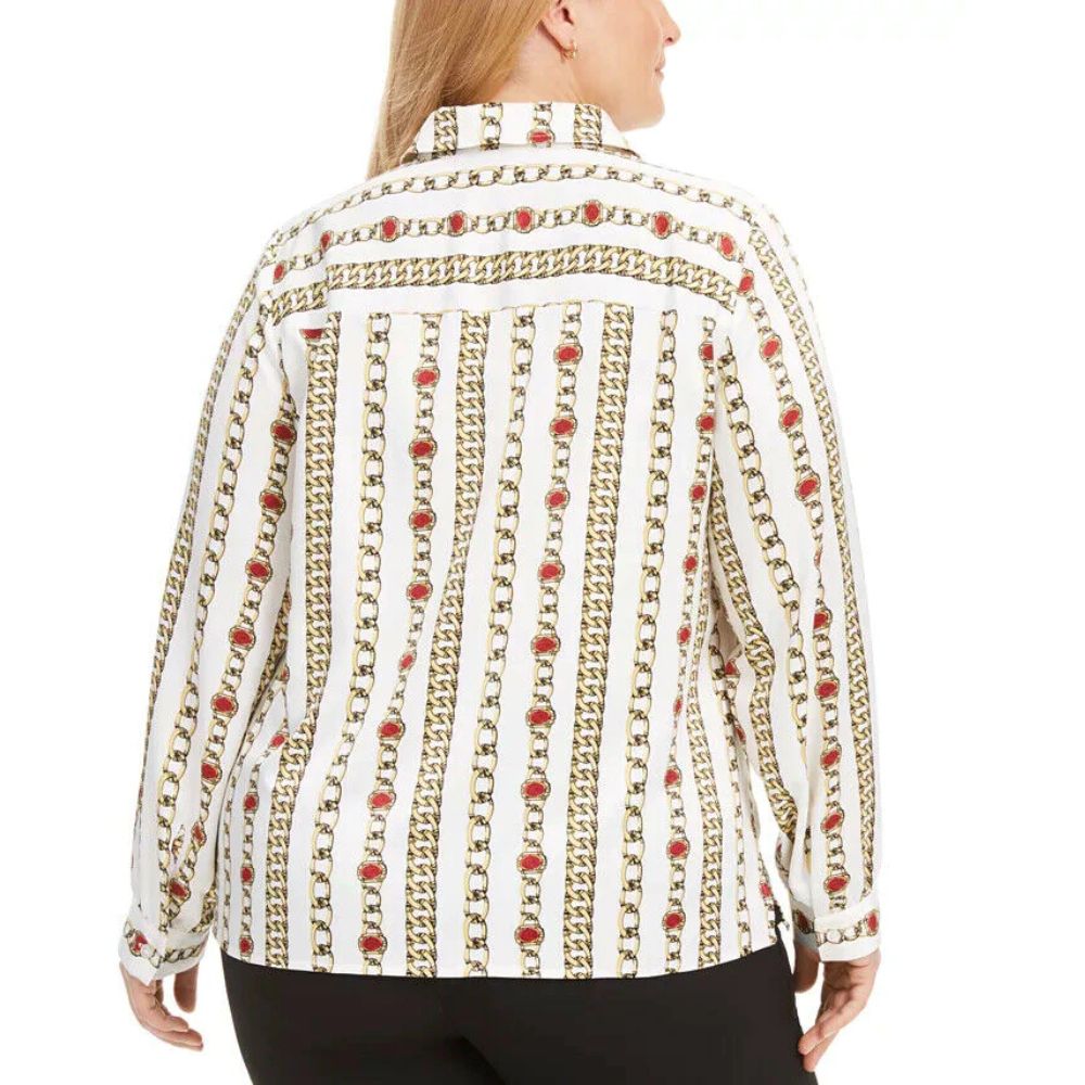 Camisa feminina Kasper plus size de cetim com elos de corrente e botões, branca, tamanho 24W