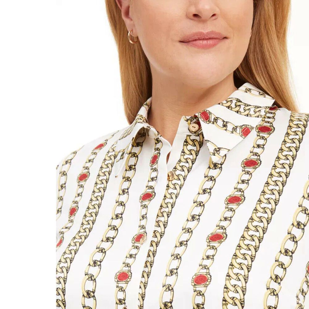 Camisa feminina Kasper plus size de cetim com elos de corrente e botões, branca, tamanho 24W