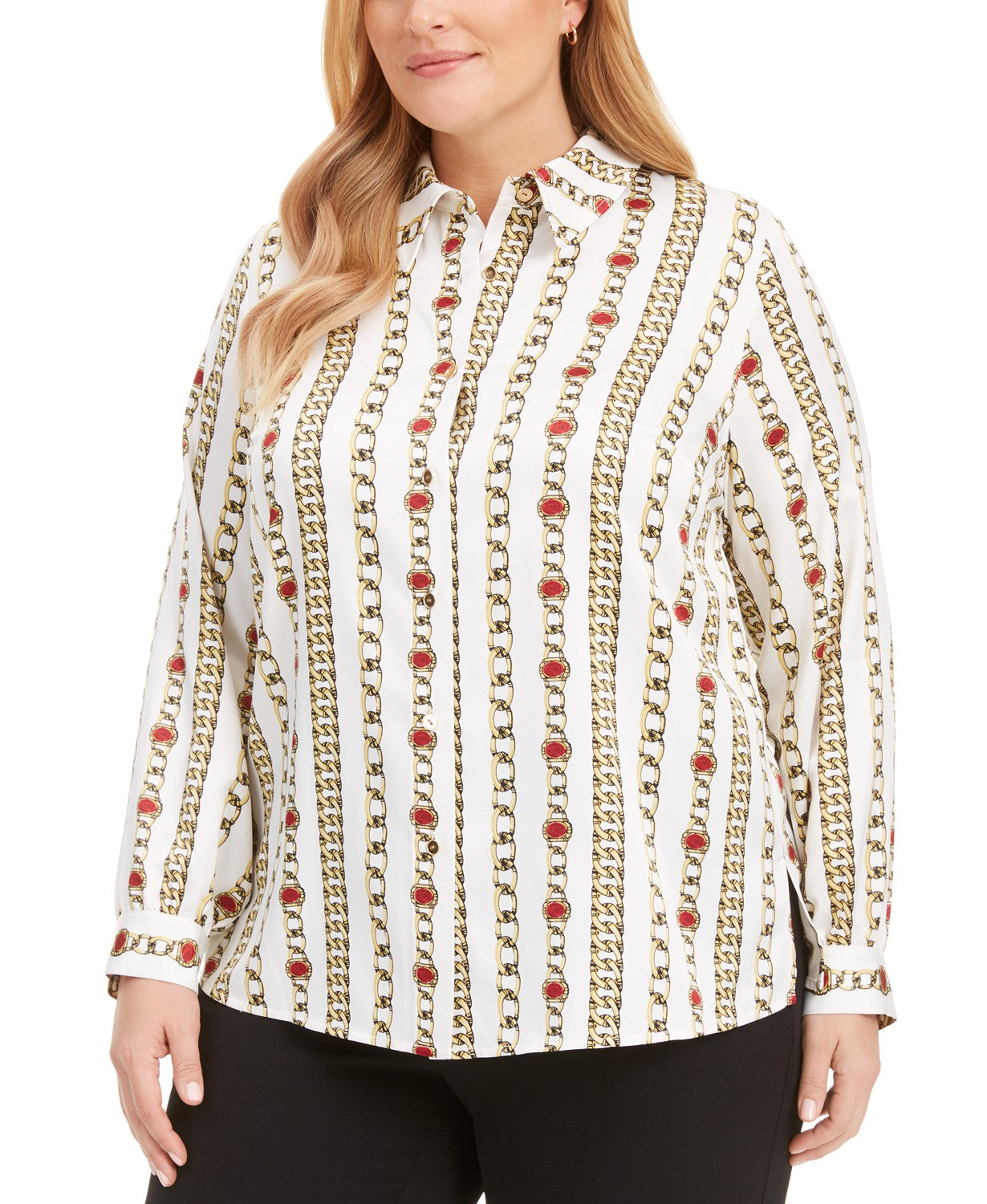 Camisa feminina Kasper plus size de cetim com elos de corrente e botões, branca, tamanho 24W