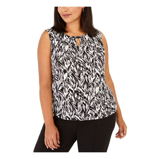 Blusa feminina Kasper sem mangas estampada para usar no trabalho, preta, tamanho médio