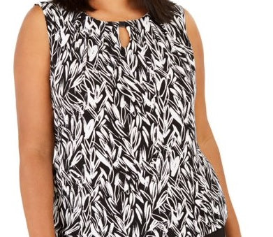 Blusa feminina Kasper sem mangas estampada para usar no trabalho, preta, tamanho médio
