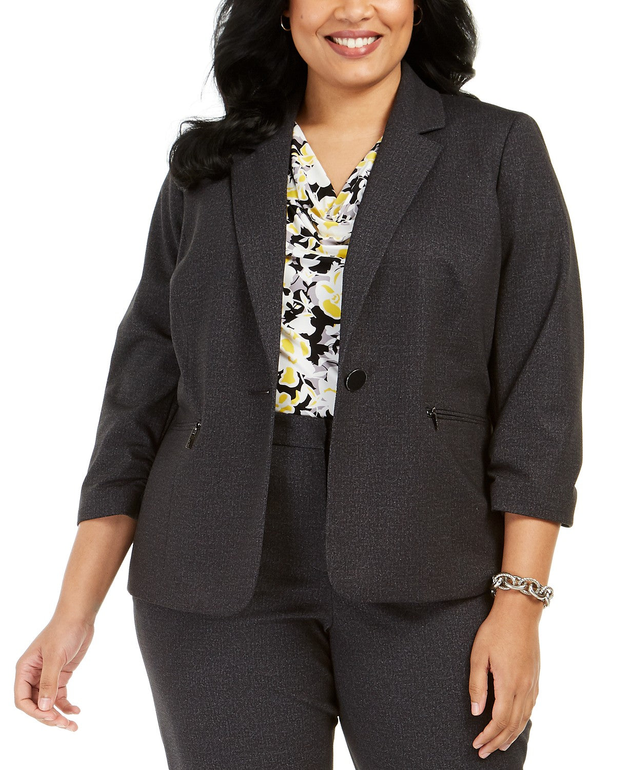Blazer feminino plus size Kasper com um botão, cor carvão, tamanho 20