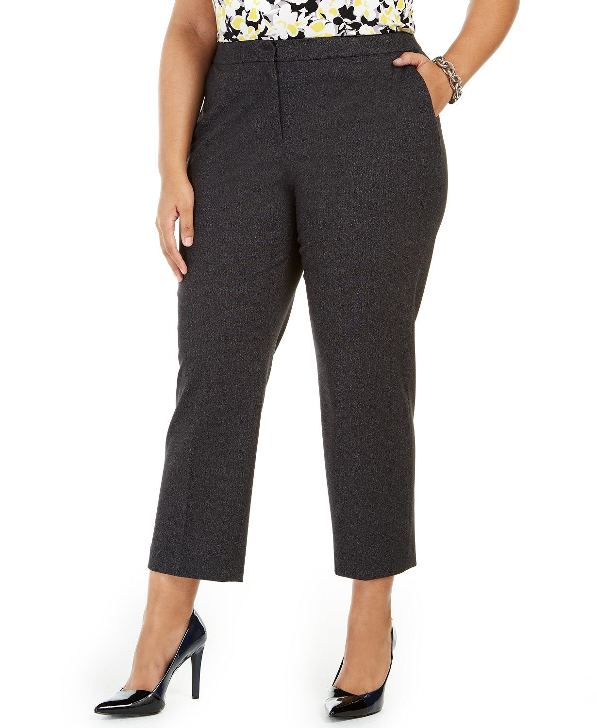 Calça feminina plus size Kasper com elástico nas costas, cor carvão, tamanho 14