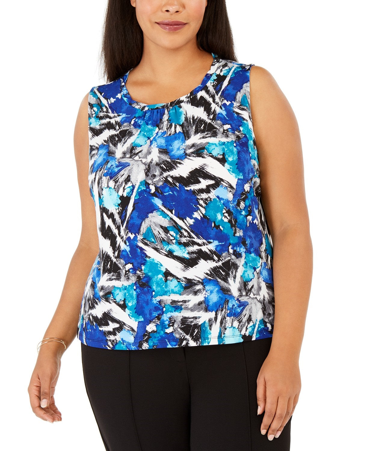 Blusa feminina Kasper Plus Size estampada com decote franzido, azul, tamanho XX-G