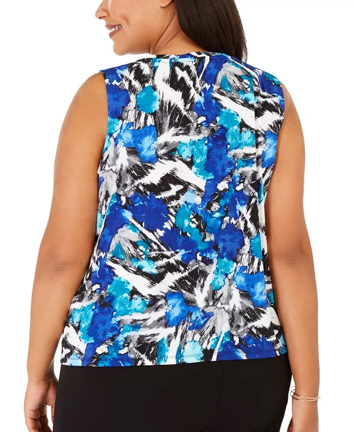 Blusa feminina Kasper Plus Size estampada com decote franzido, azul, tamanho XX-G
