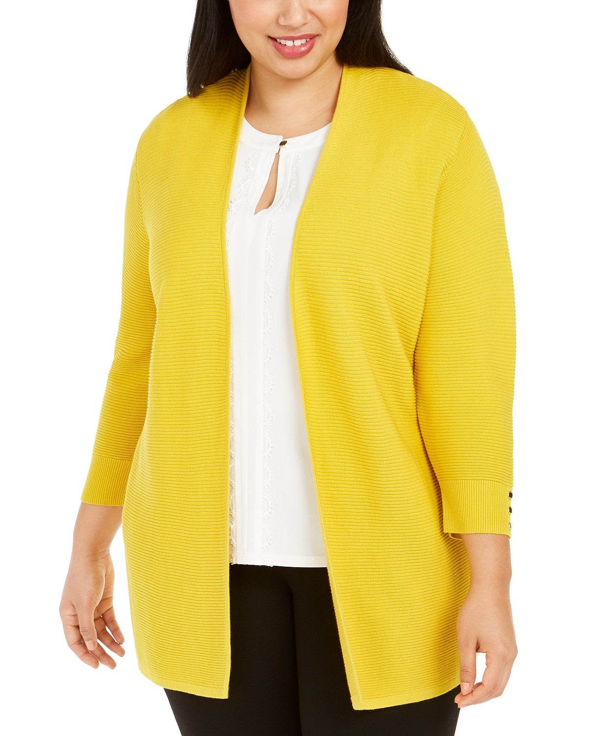 Cardigan Kasper Feminino Plus com Frente Aberta Amarelo Brilhante Tamanho 2X