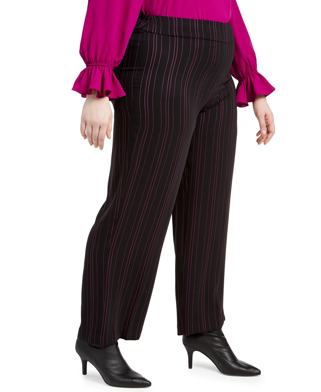 Calça feminina listrada plus size da Bar III, perna larga, preta, tamanho 16 W