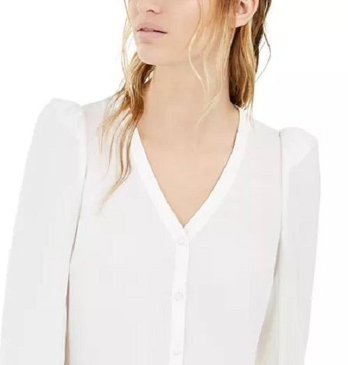 Blusa feminina Bar III com manga bufante e botões, branca, tamanho extra grande