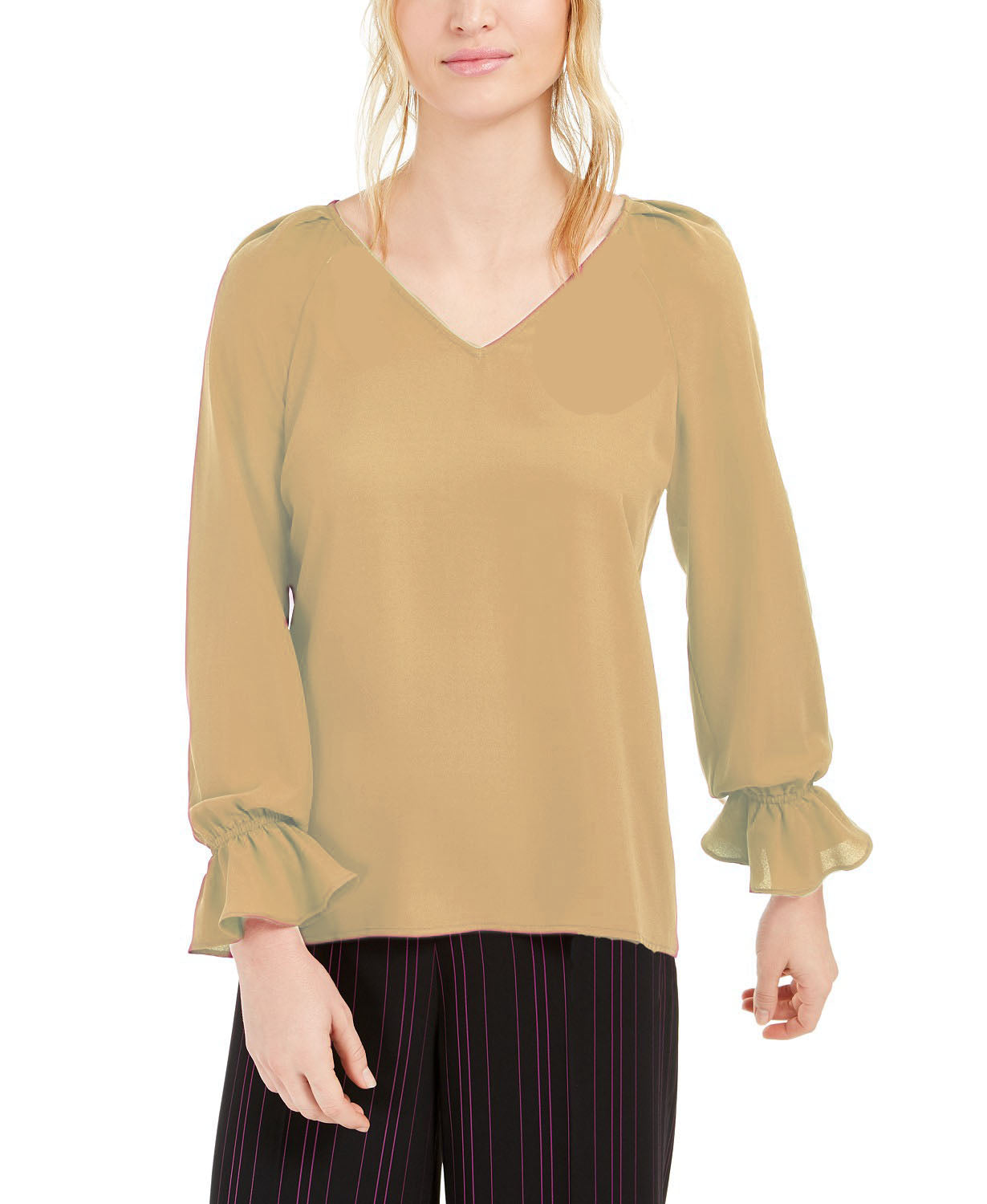 Blusa plissada com manga sino Bar III feminina, amarelo brilhante, tamanho pequeno