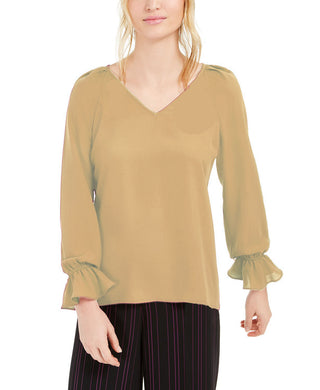Bar III  Women's Pleated Bell-Sleeve Top Brght Yellow Size Small