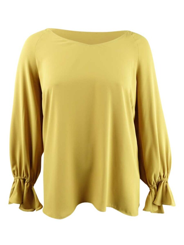 Blusa plissada feminina Bar III com manga sino, cor açafrão, tamanho extra pequeno