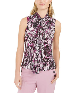Bar III  Women's Printed Tie-Neck Top Brght Pink Size Medium