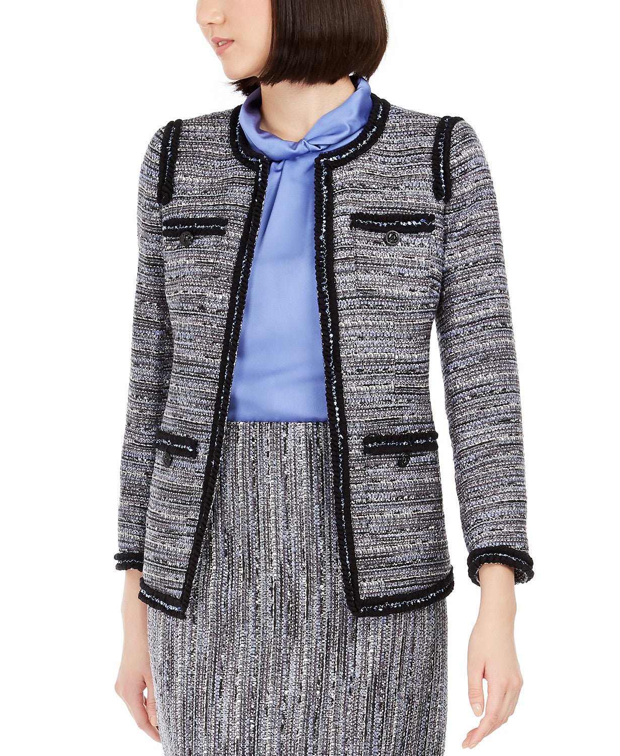 Jaqueta de tweed com acabamento contrastante feminina Anne Klein, preta, tamanho 2