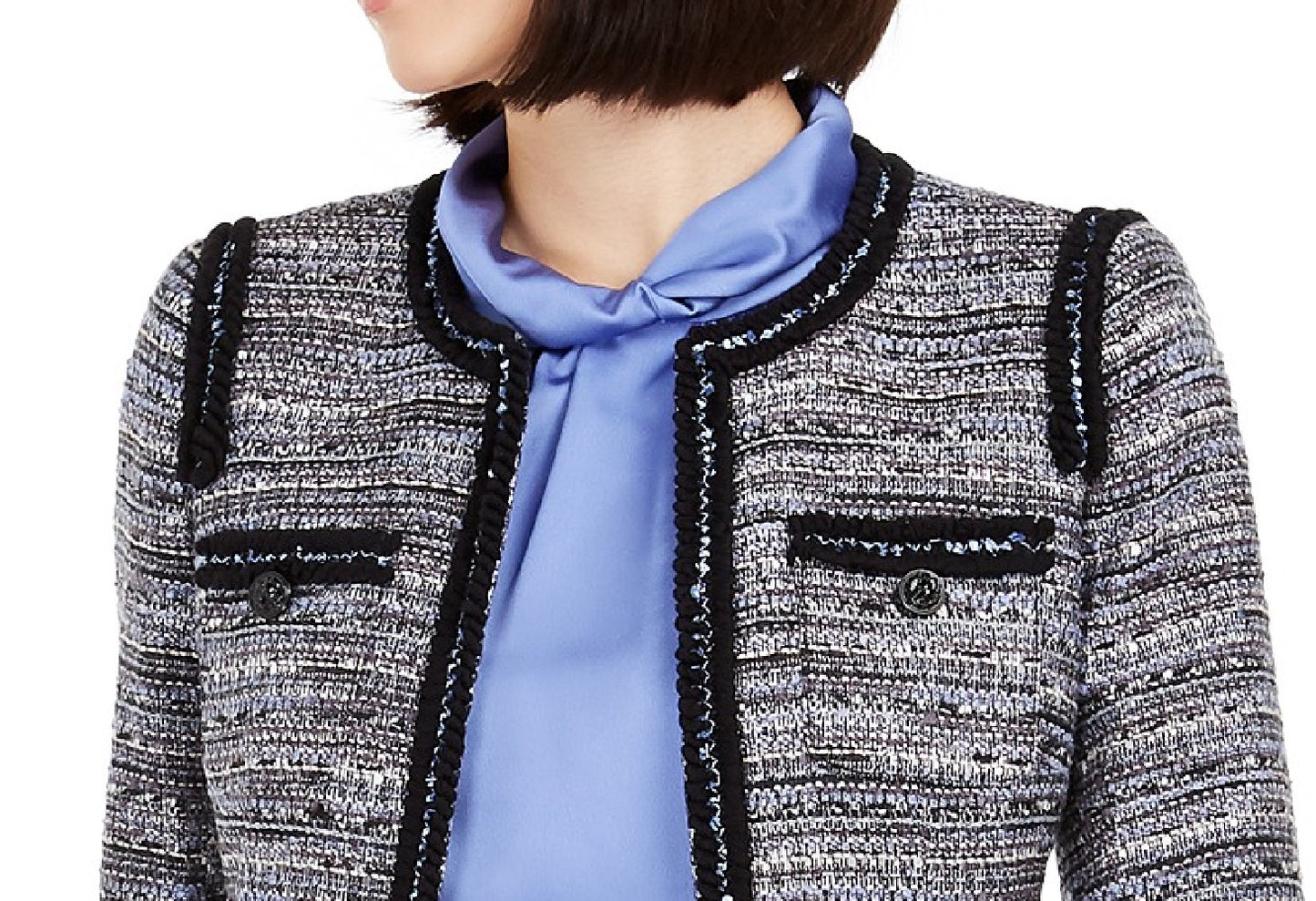 Jaqueta de tweed com acabamento contrastante feminina Anne Klein, preta, tamanho 2