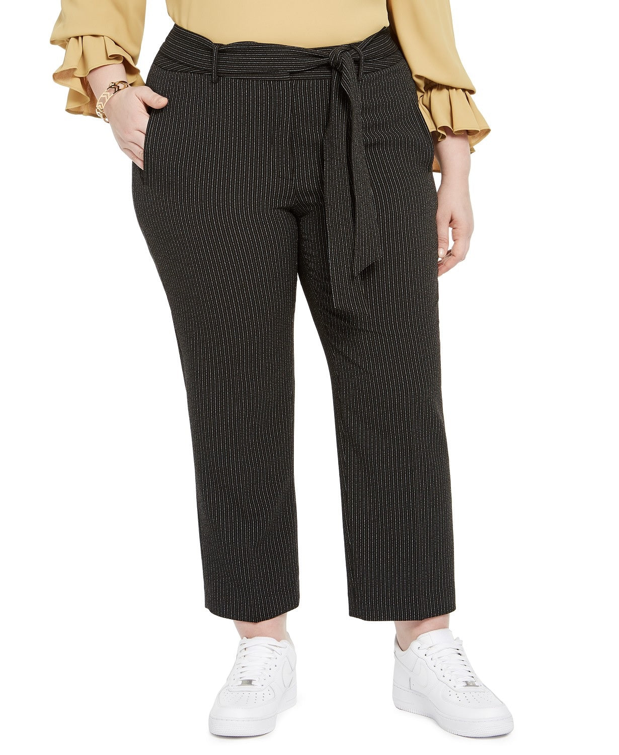 Calça feminina listrada plus size Bar III com amarração na cintura, preta, tamanho 16 W