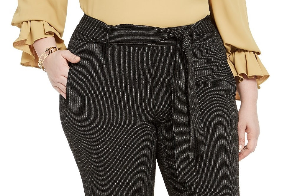 Calça feminina listrada plus size Bar III com amarração na cintura, preta, tamanho 16 W