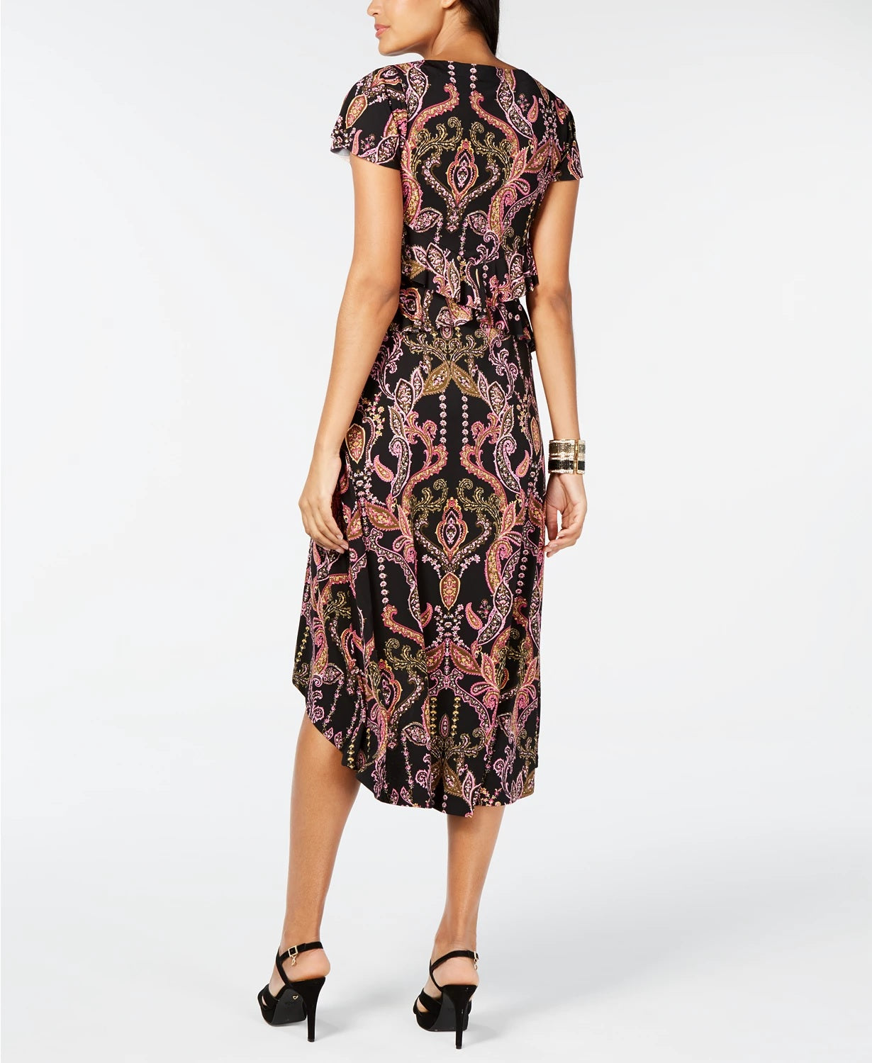 Vestido feminino Thalia Sodi com recorte estampado, cintura alta e bainha baixa, preto, tamanho extragrande