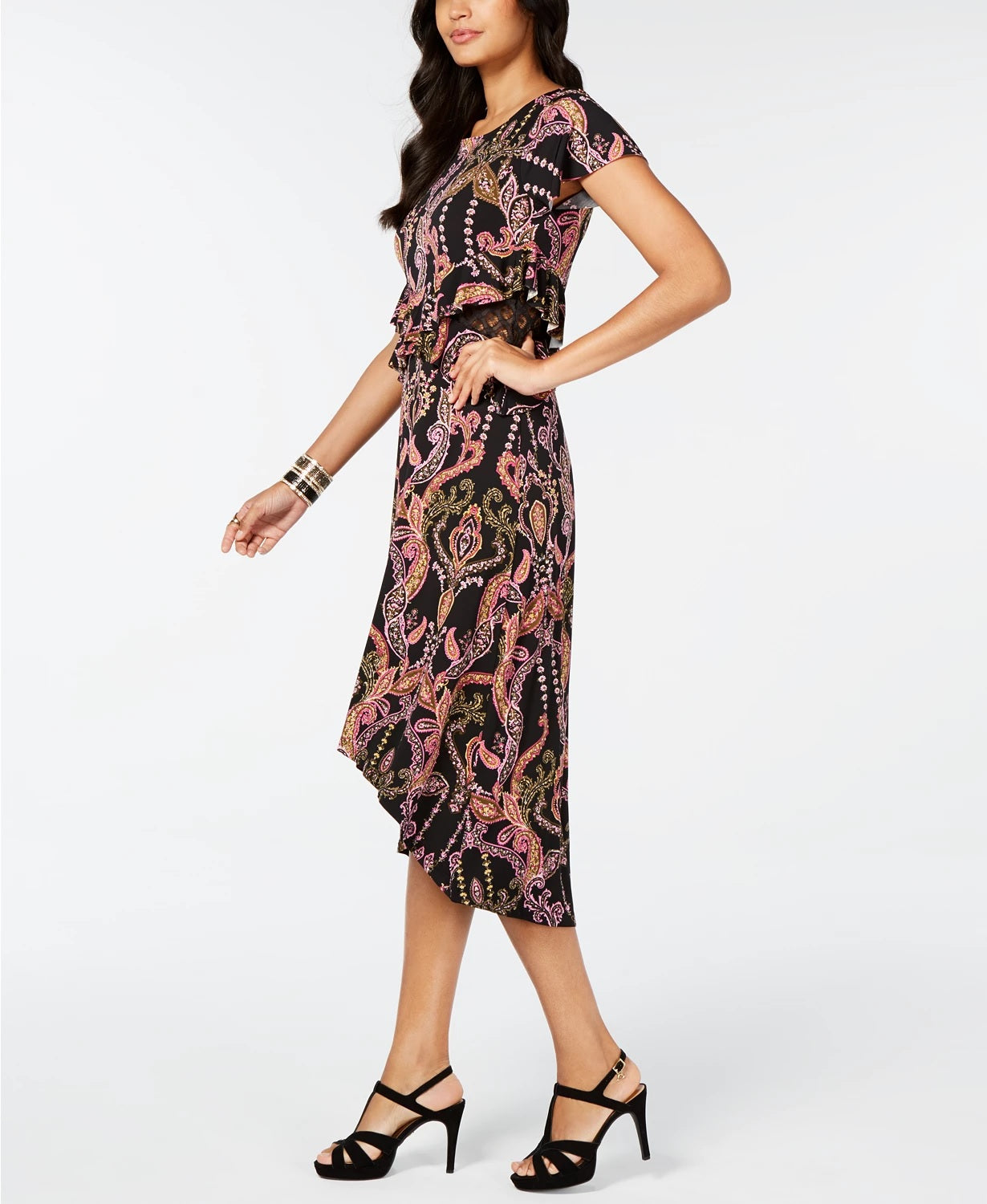 Vestido feminino Thalia Sodi com recorte estampado, cintura alta e bainha baixa, preto, tamanho extragrande