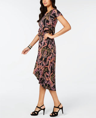 Vestido feminino Thalia Sodi com recorte estampado, cintura alta e bainha baixa, preto, tamanho extragrande