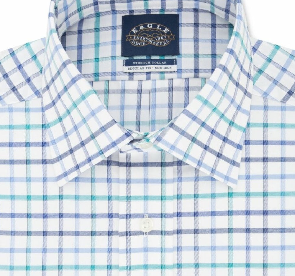 Camisa social xadrez Eagle masculina clássica/regular, sem passar a ferro, com gola flexível, azul, tamanho 16x34-35