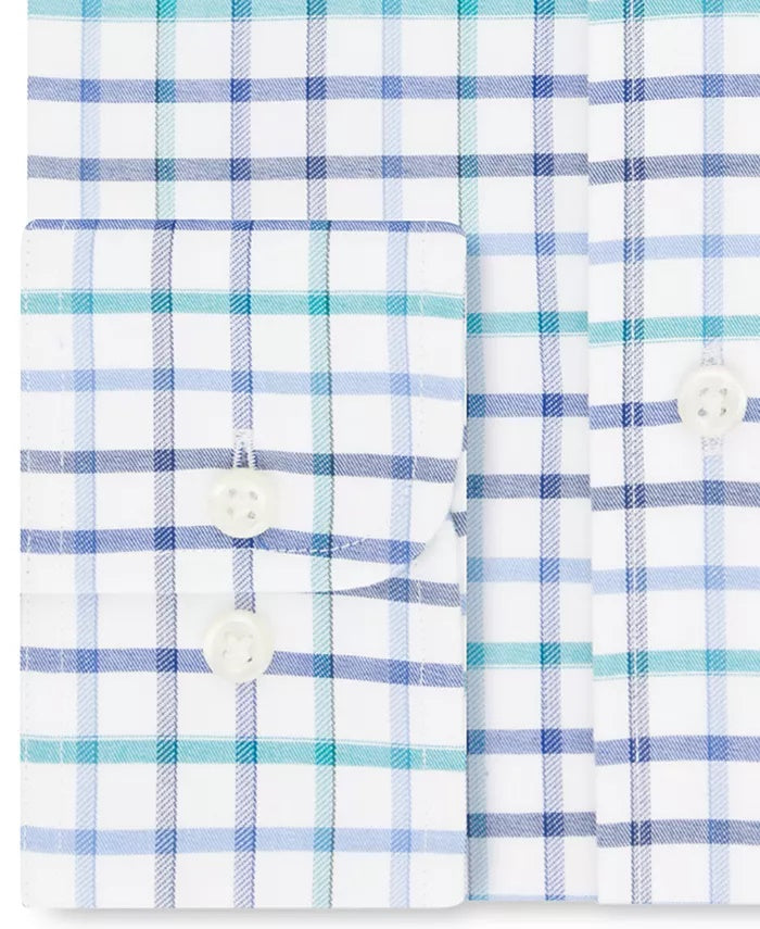 Camisa social xadrez Eagle masculina clássica/regular, sem passar a ferro, com gola flexível, azul, tamanho 17,1/2x34-35