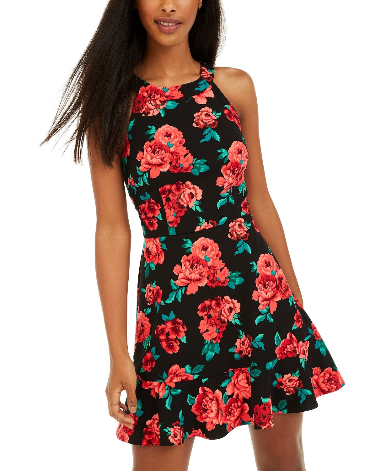 Vestido feminino BCX com babados e estampa floral, vermelho, tamanho 5