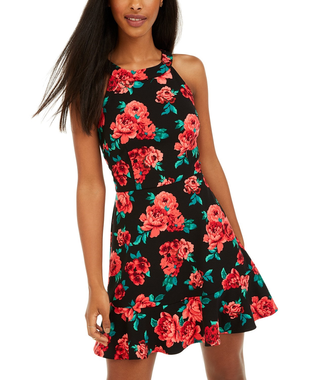 Vestido feminino BCX com babados e estampa floral, vermelho, tamanho 7
