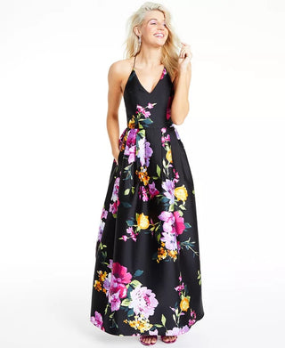 BCX Juniors' Floral-Print Cross-Back Gown  Black Size 5