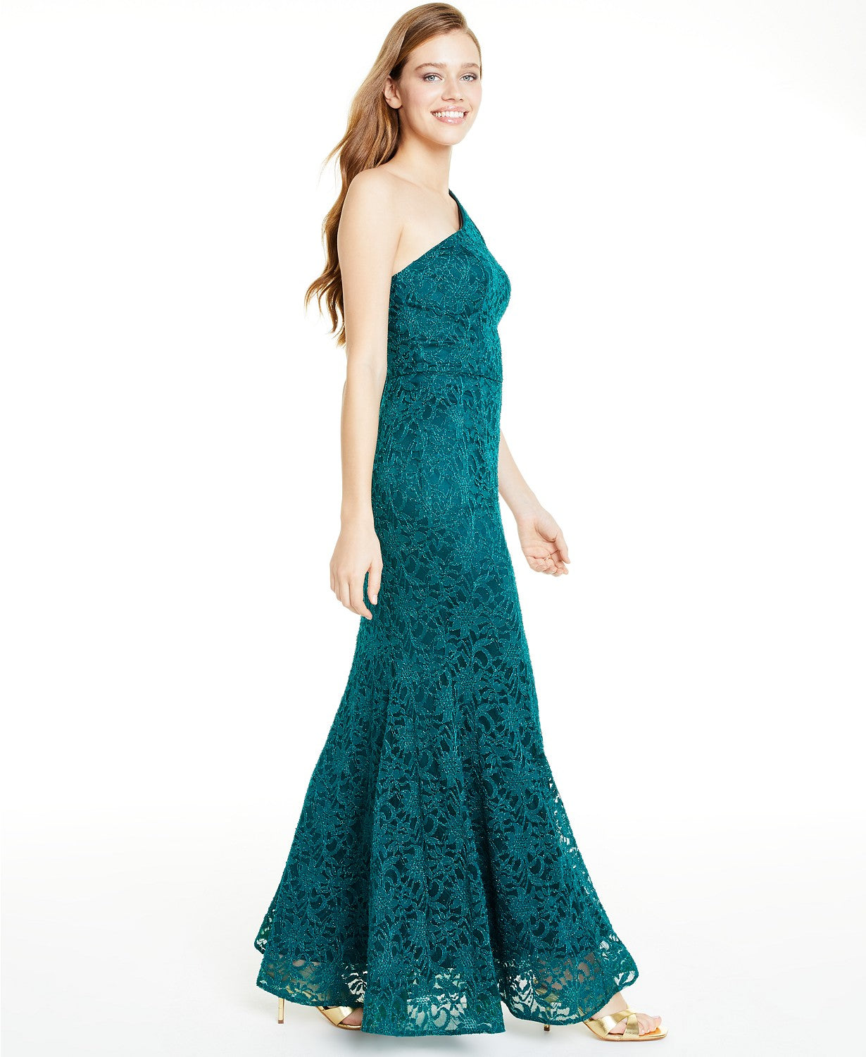 Vestido de renda brilhante de um ombro só para juniores BCX, verde brilhante, tamanho 15