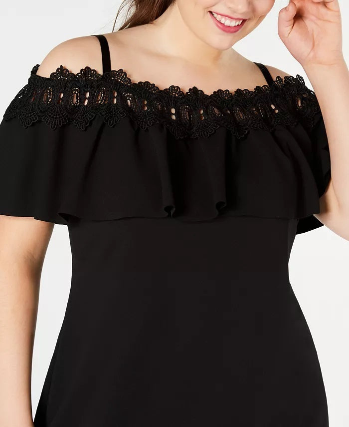 Vestido de crochê plus size plus size feminino BCX, ombro de fora, preto, tamanho XXG