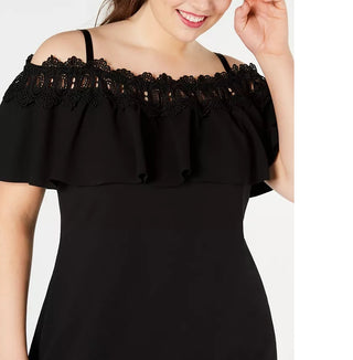 Vestido de crochê ombro a ombro estilo moderno BCX feminino, tamanho extragrande, preto