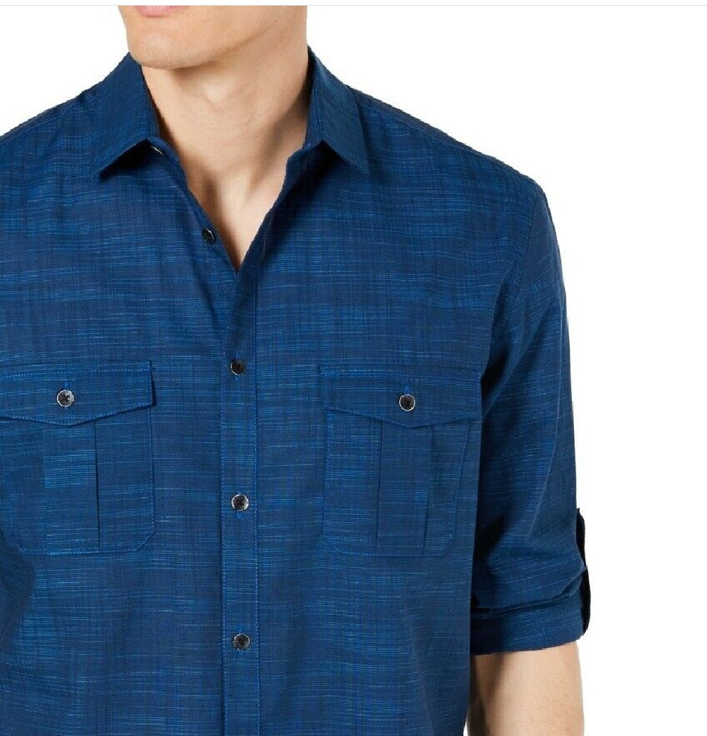 Camisa Alfani Masculina Warren Sem Bolso Manga Longa Azul Tamanho P