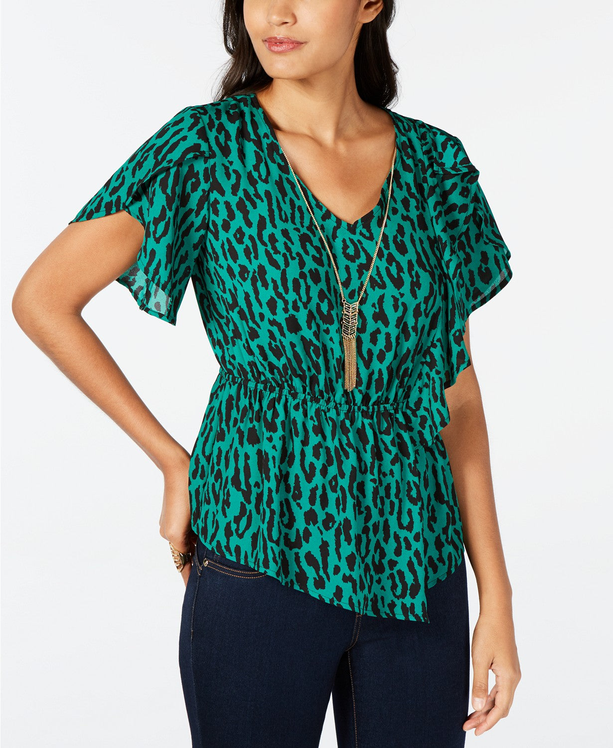 Blusa peplum com mangas bufantes estampadas Thalia Sodi, tamanho médio, verde