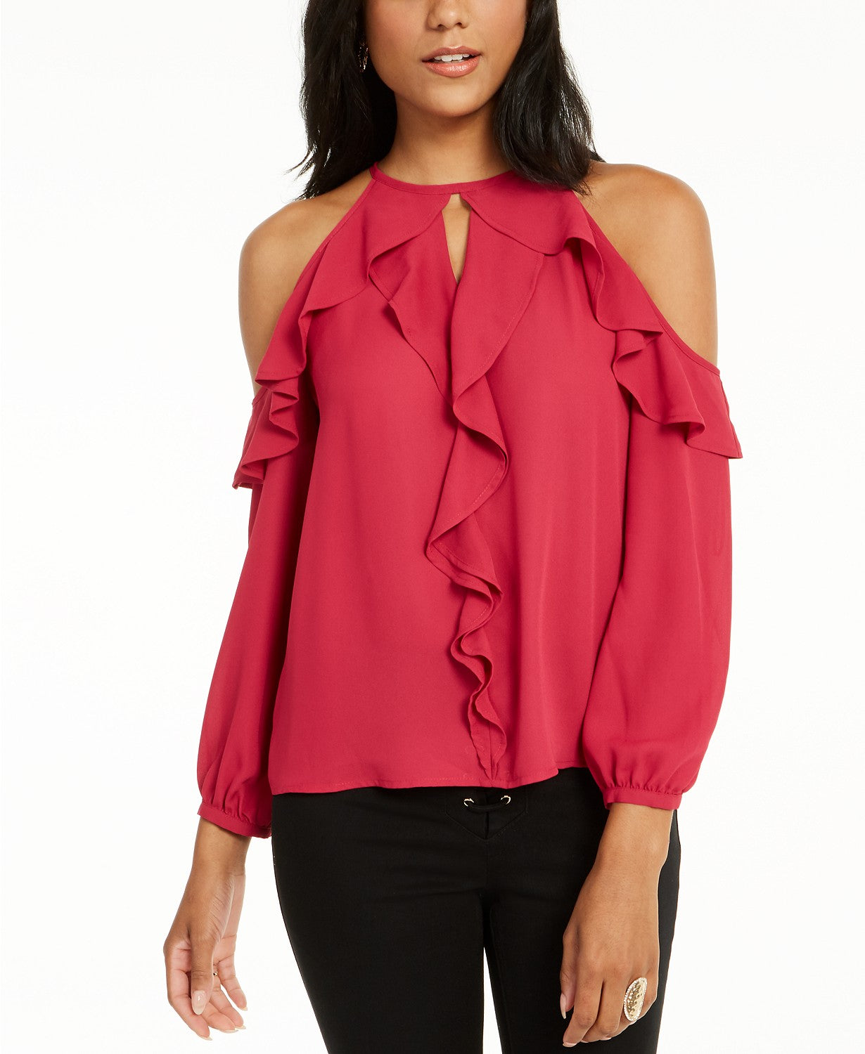 Blusa feminina Thalia Sodi com babados e ombros descobertos, tamanho médio, rosa, pequena