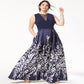 Vestido longo feminino plus size da Morgan &amp; Company, estampado, estilo A, azul-marinho/branco, tamanho 20