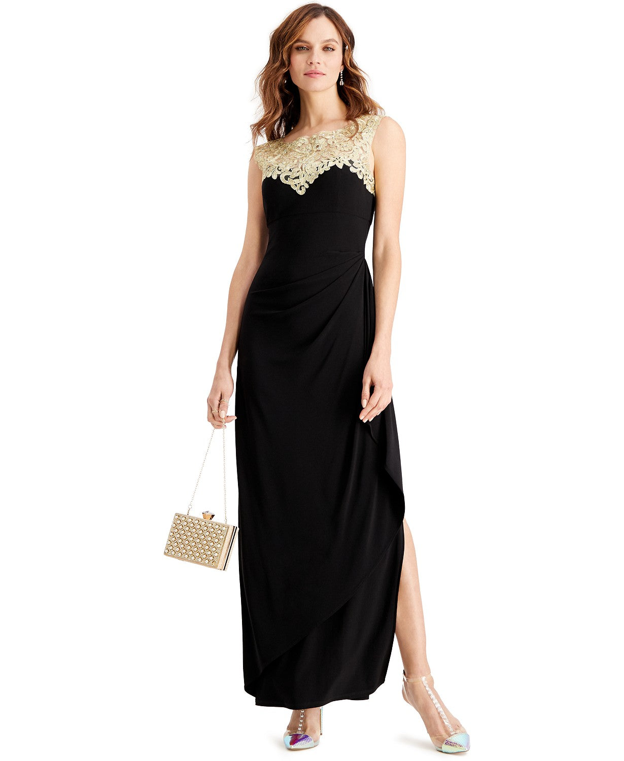Vestido feminino Alex Evenings com babados laterais bordados, preto e dourado, tamanho 4