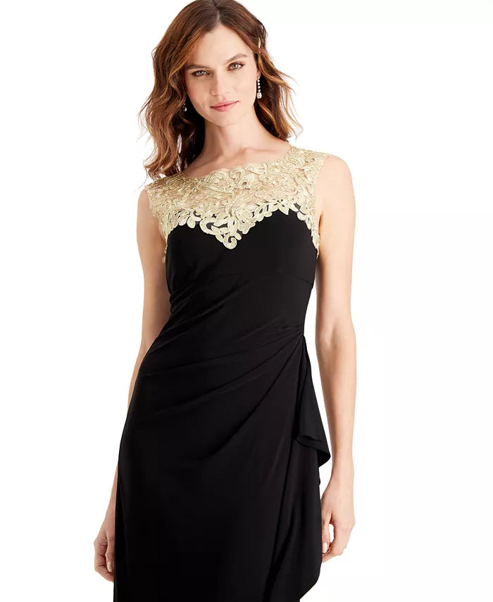 Vestido feminino Alex Evenings com babados laterais bordados, preto e dourado, tamanho 4