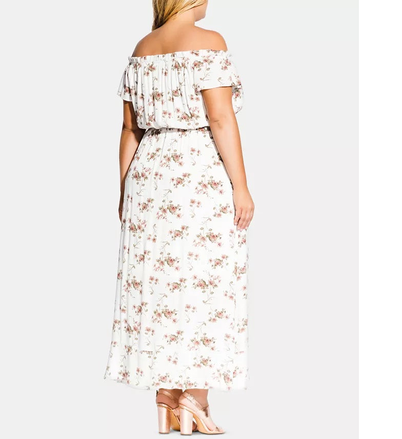 Vestido feminino City Chic Plus Size com estampa floral e ombros à mostra, tamanho 16, branco