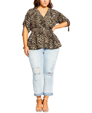 City Chic Women's Trendy Leopard Print Faux Wrap Top Black SizeXS