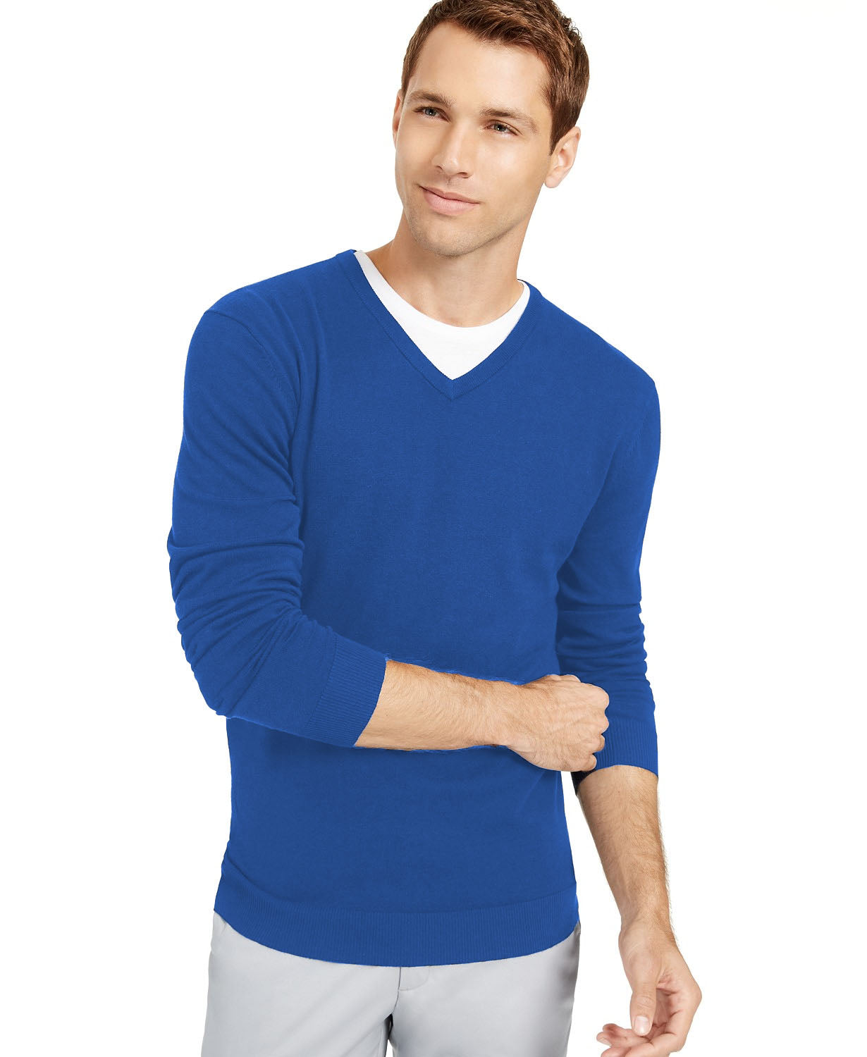 Suéter de algodão com decote em V liso Alfani masculino, azul, tamanho pequeno