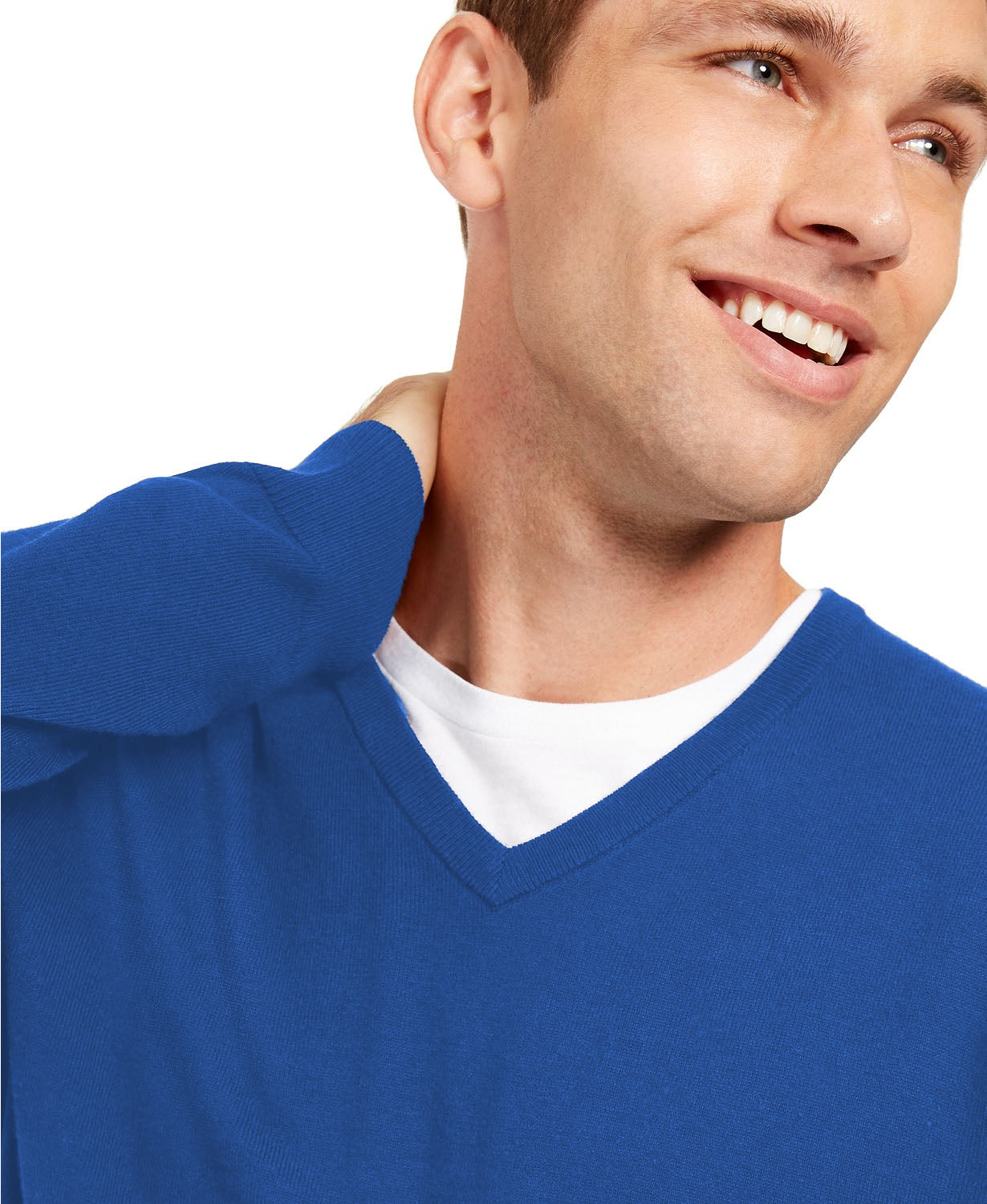 Suéter de algodão com decote em V liso Alfani masculino, azul, tamanho pequeno