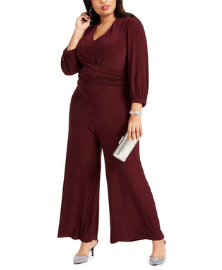Macacão feminino plus size com franzido e pernas largas, vermelho escuro, tamanho 18W